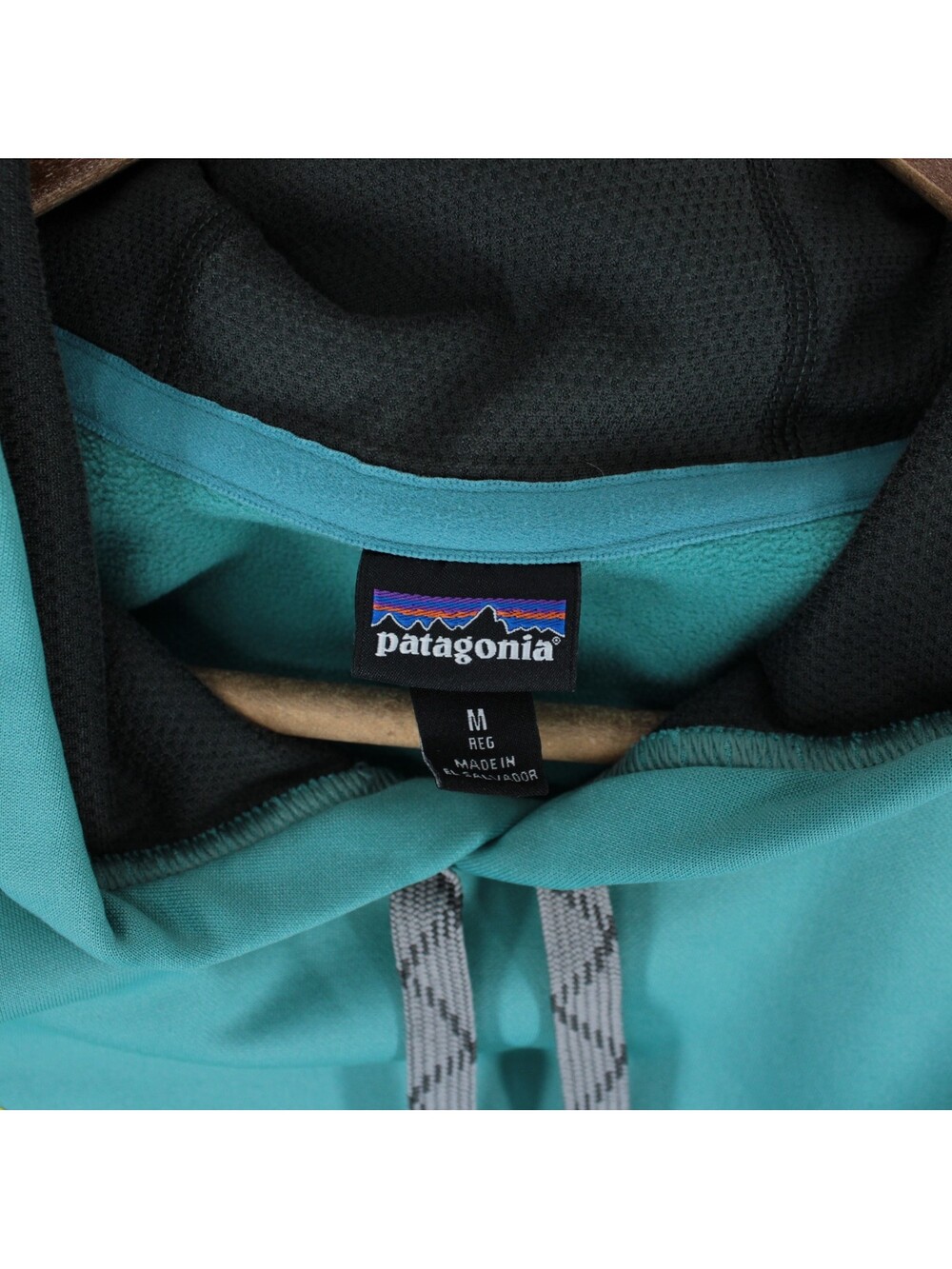 Patagonia Text Logo PolyCycle Hoodie Mens M Teal Pullover Fleece Sweatshirt - Picture 11 of 15